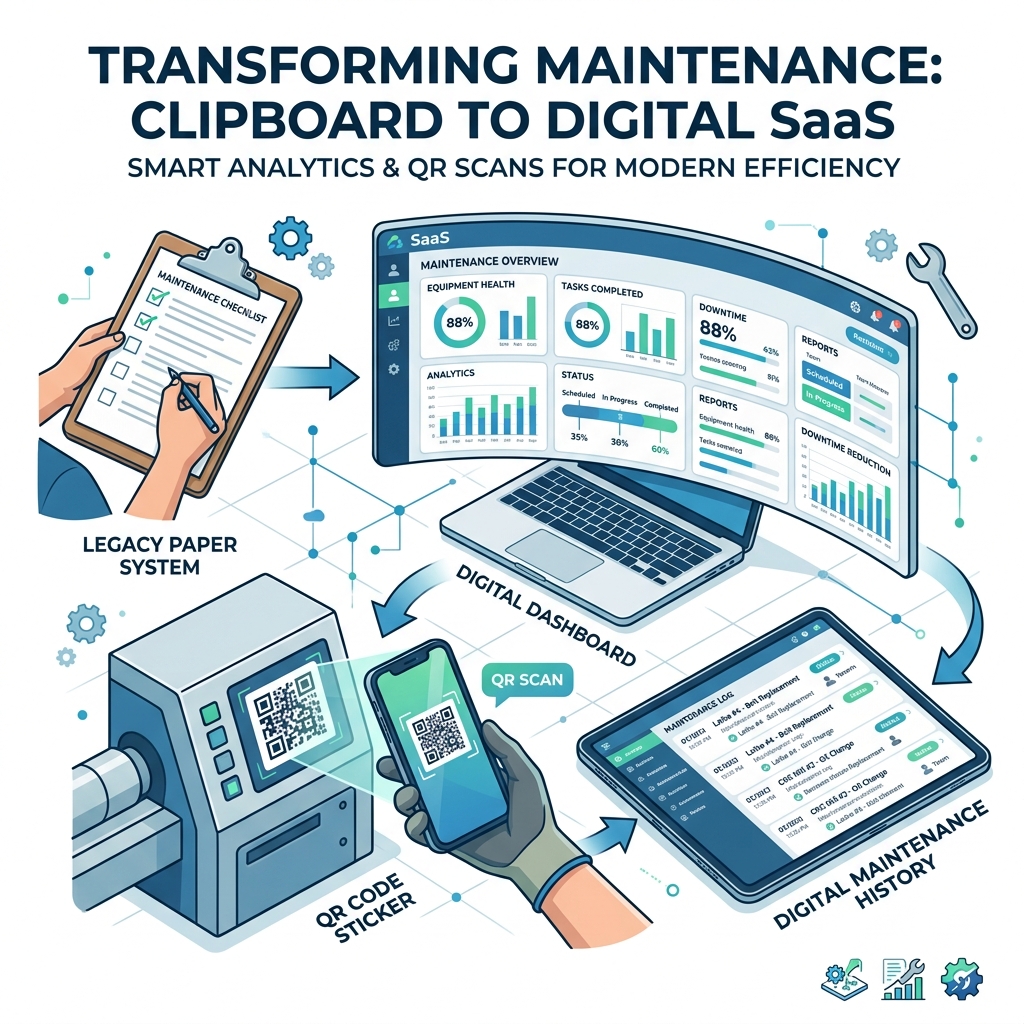 Illustration showing a physical clipboard transforming into a digital mobile dashboard via a QR sticker scan, displaying maintenance history and analytics