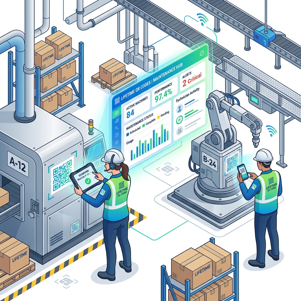Modern warehouse with technicians scanning QR codes attached to industrial machines using mobile devices, with a maintenance dashboard floating in blue and green Lifetime QR Codes brand colors