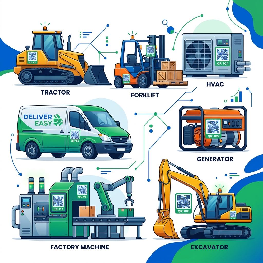 Various vehicles and machines including construction equipment, forklift, delivery van, factory machine, generator, HVAC, and tractor, all tagged with QR stickers