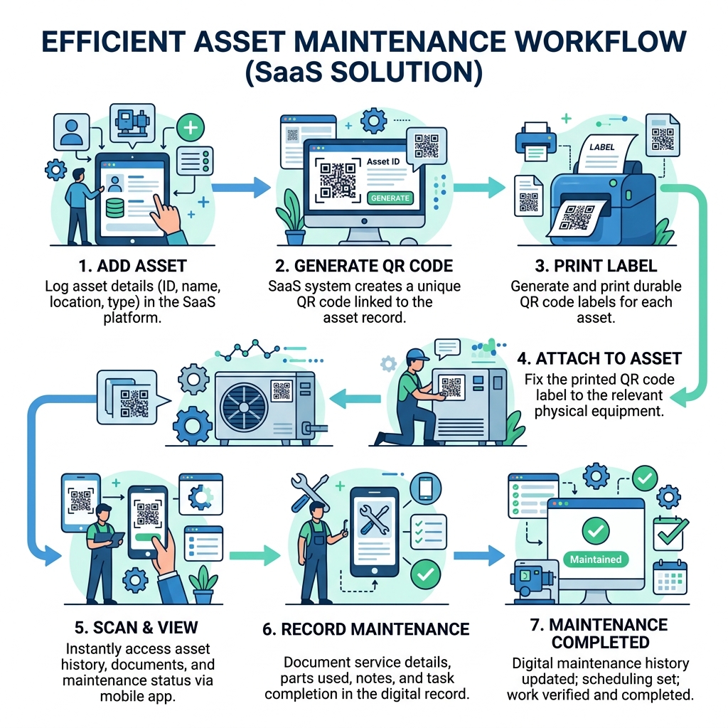 SaaS infographic illustrating the workflow: Asset to Generate QR to Print Label to Attach to Scan to Digital History to Maintenance Completed