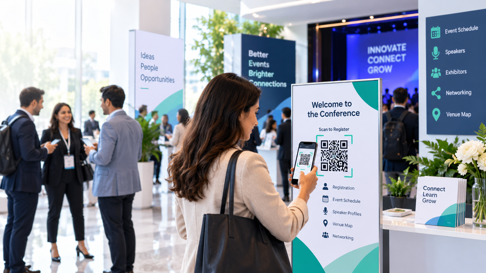 QR codes connecting attendees with registration, schedules, networking, and event information at a modern conference