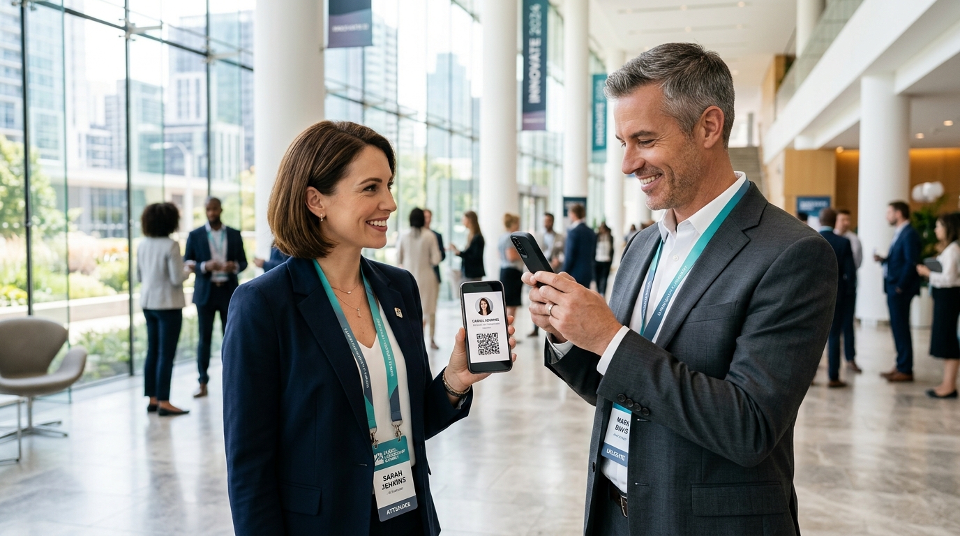 Conference attendees exchanging digital business cards by scanning a QR code