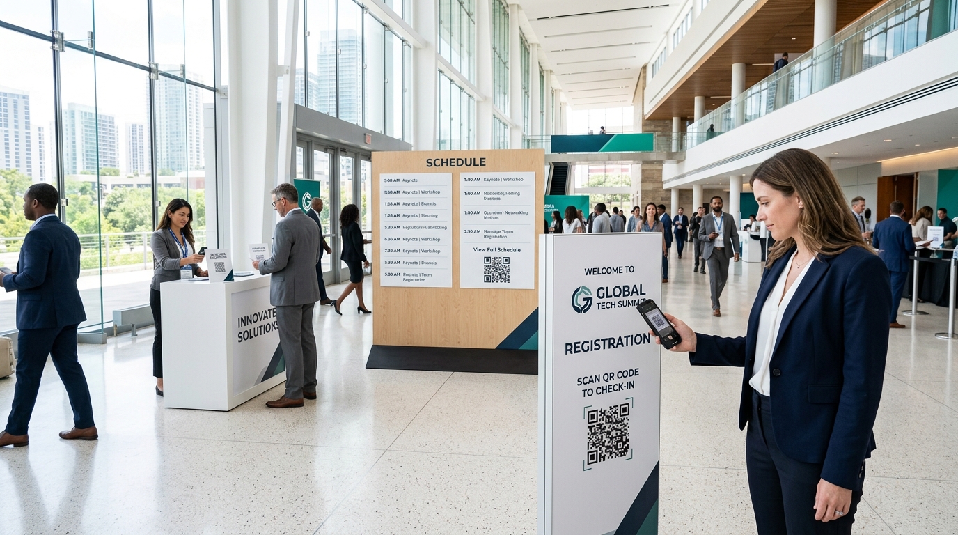 Event conference QR code touchpoints including registration, schedule boards, exhibitor booths, and attendee check-in