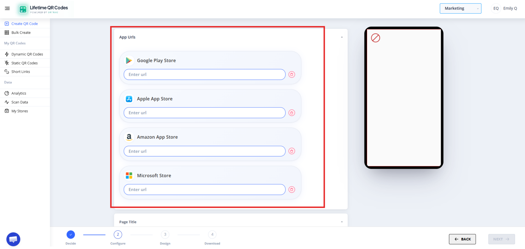 App store URL input fields for Google Play, Apple, Amazon, and Microsoft