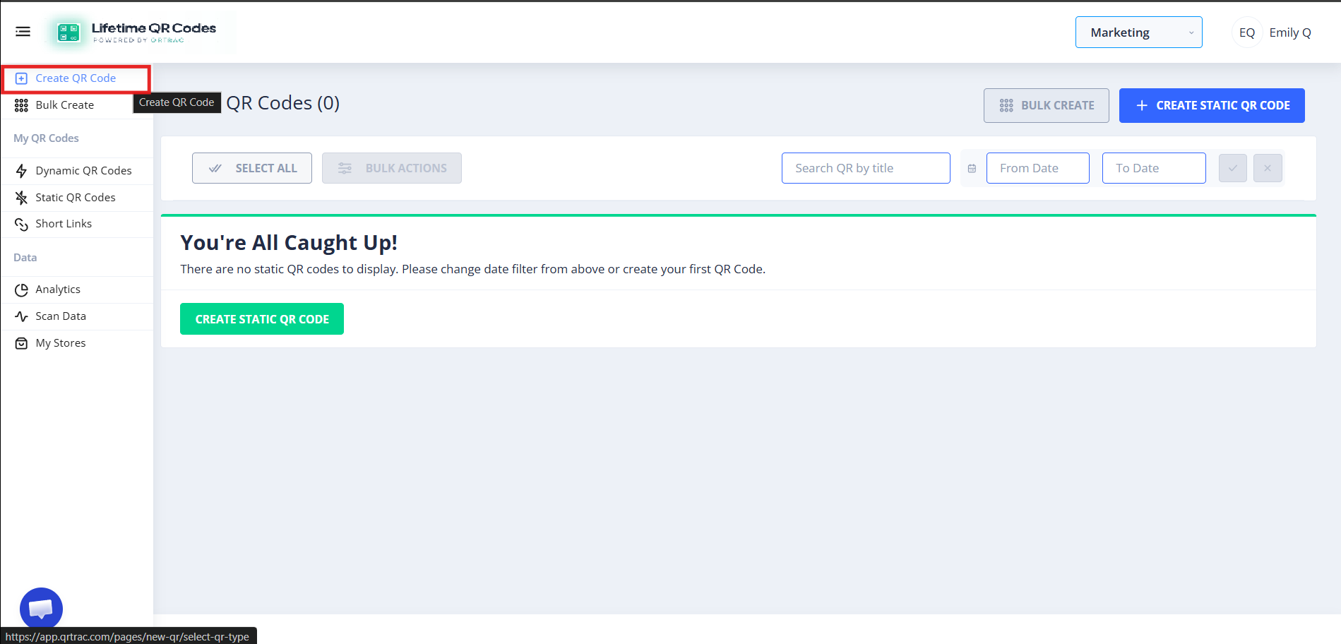 Lifetime QR Codes dashboard with Create QR Code button highlighted