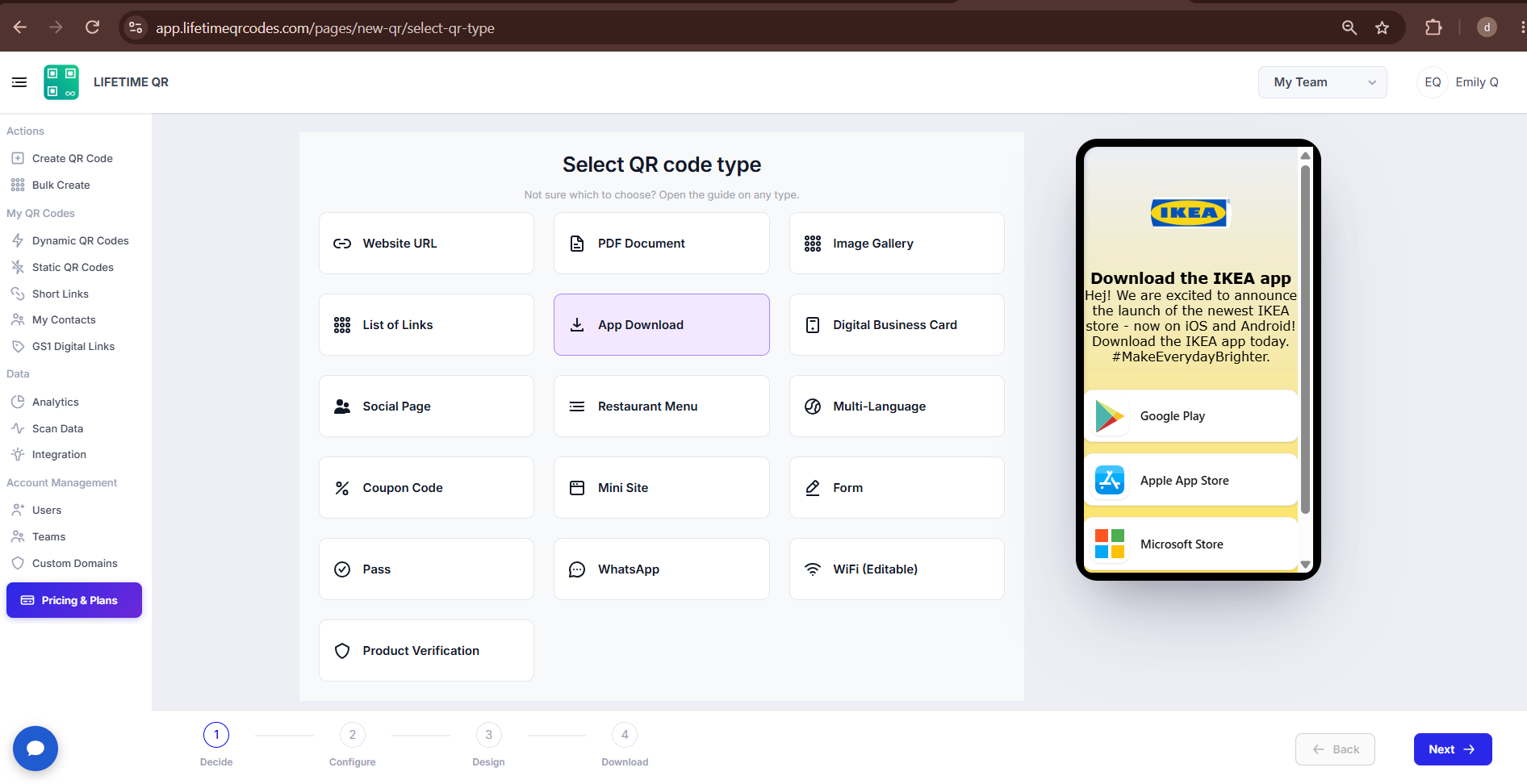 App Download QR Type Selection Screen