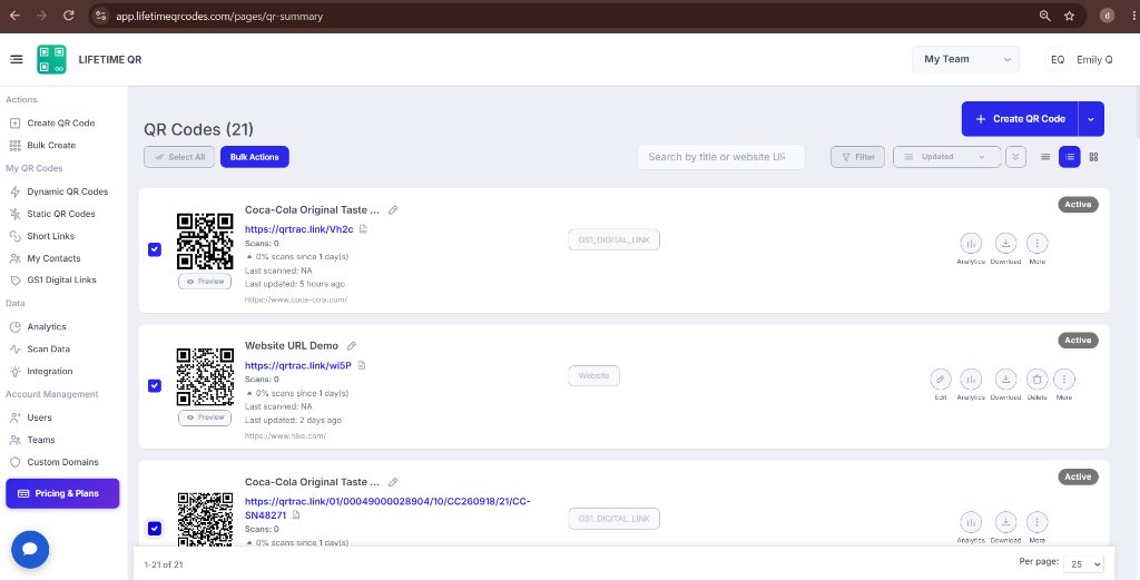 Lifetime QR Codes dashboard displaying selected QR codes with checkboxes and Bulk Actions button
