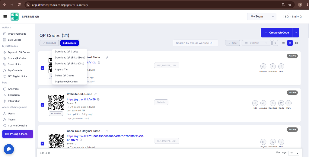 Bulk Actions dropdown menu opened showing batch action options including Delete QR Codes