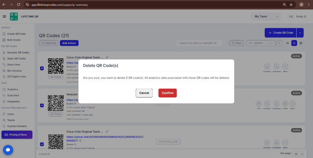 Delete QR Code(s) confirmation modal dialog with warning and Confirm button