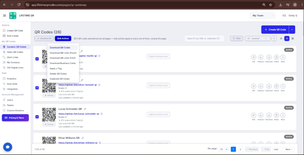 Bulk Actions dropdown menu with Download QR Codes selected