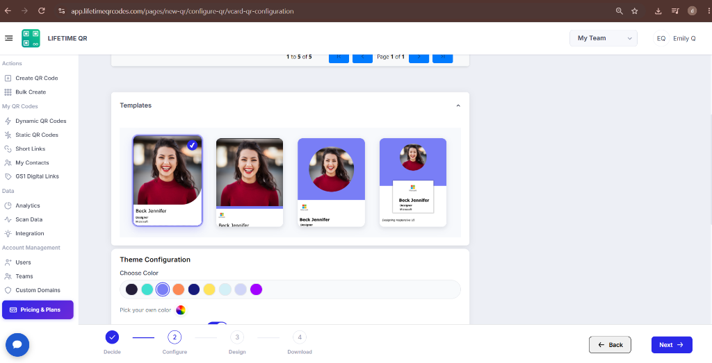 Select Digital Business Card template layout in Lifetime QR Codes