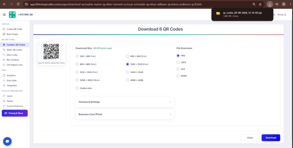Download QR codes dialog box showing format and size options