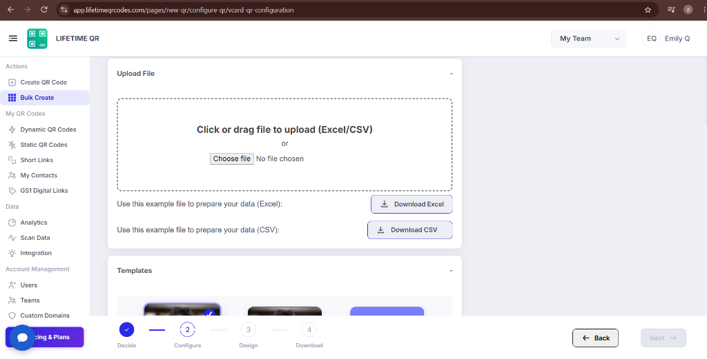 Download template buttons in Lifetime QR Codes