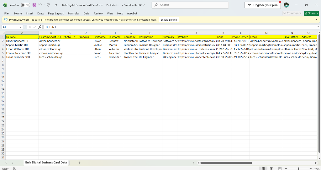 Sample spreadsheet file with team member contact details