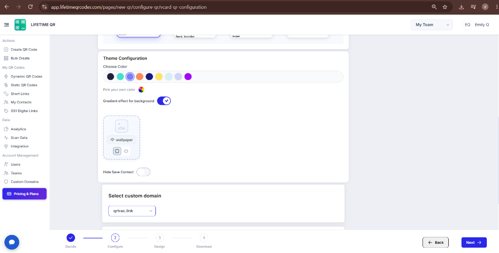 Configure card theme color, background gradient, Save Contact, and domain in Lifetime QR Codes