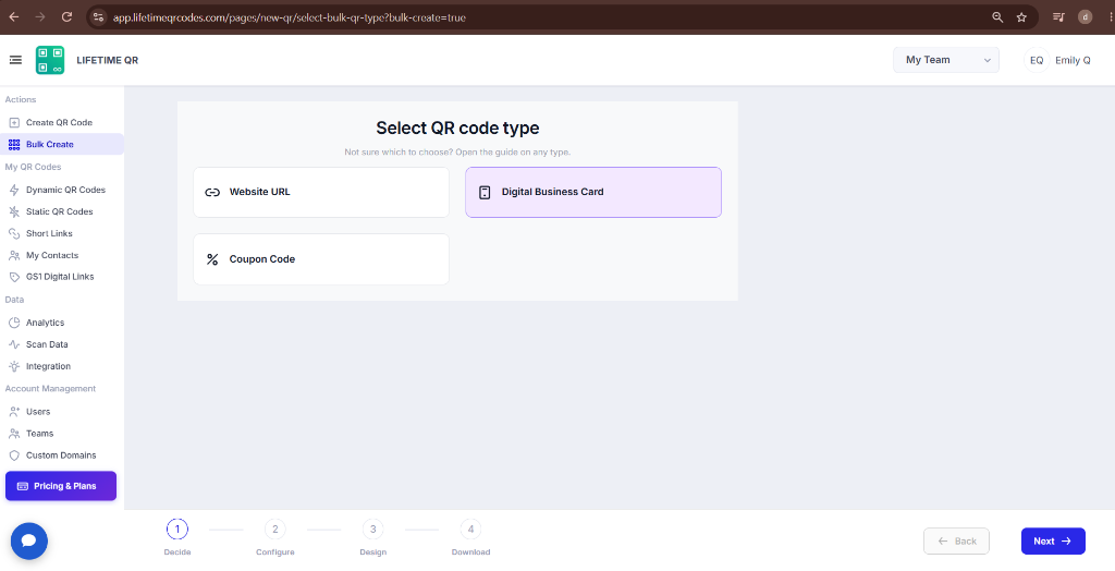 Bulk Digital Business Card type selected in Lifetime QR Codes