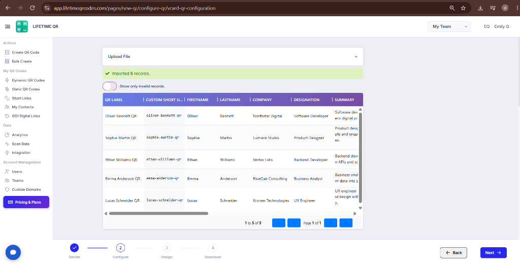 Upload CSV file screen showing imported records preview in Lifetime QR Codes