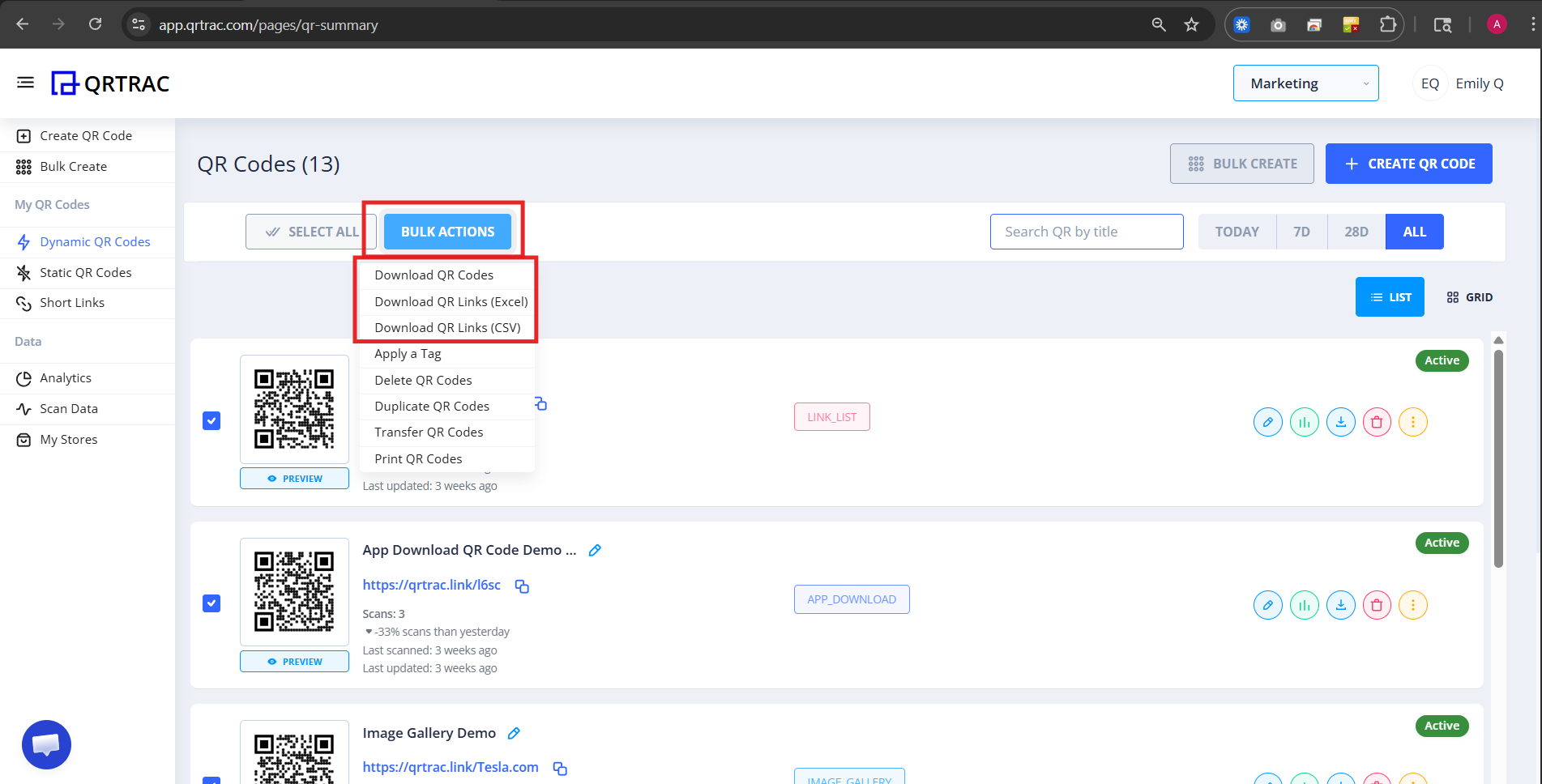 Bulk Actions dropdown menu showing Download QR Codes option