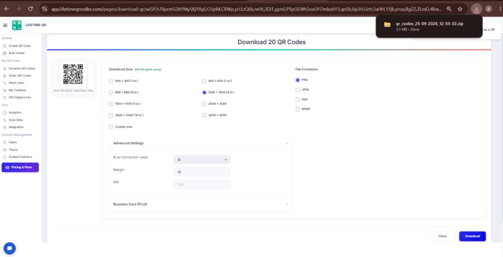 Download modal with the blue Download button to start preparing the ZIP file