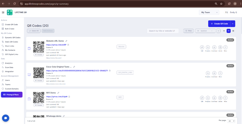 Dashboard showing the QR Codes list with Dynamic QR Codes selected in the sidebar
