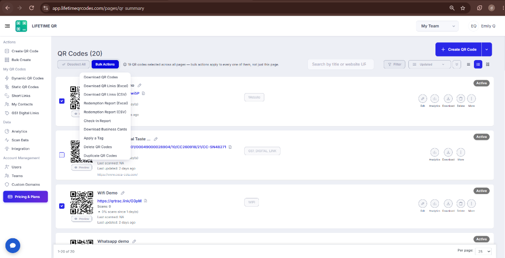 Bulk Actions dropdown menu showing available download options