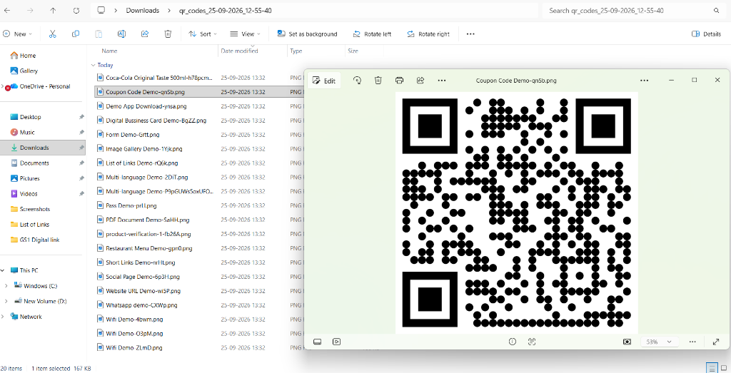 Extracted ZIP folder in Downloads showing individual QR code images named by title and opened preview
