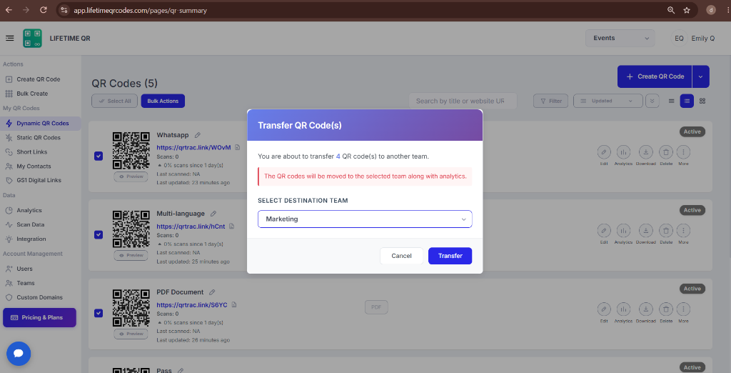 Transfer QR Code dialog showing destination team selection and Transfer button