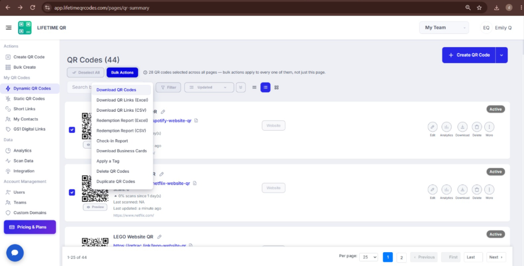 Bulk Actions dropdown menu showing Download QR Codes option