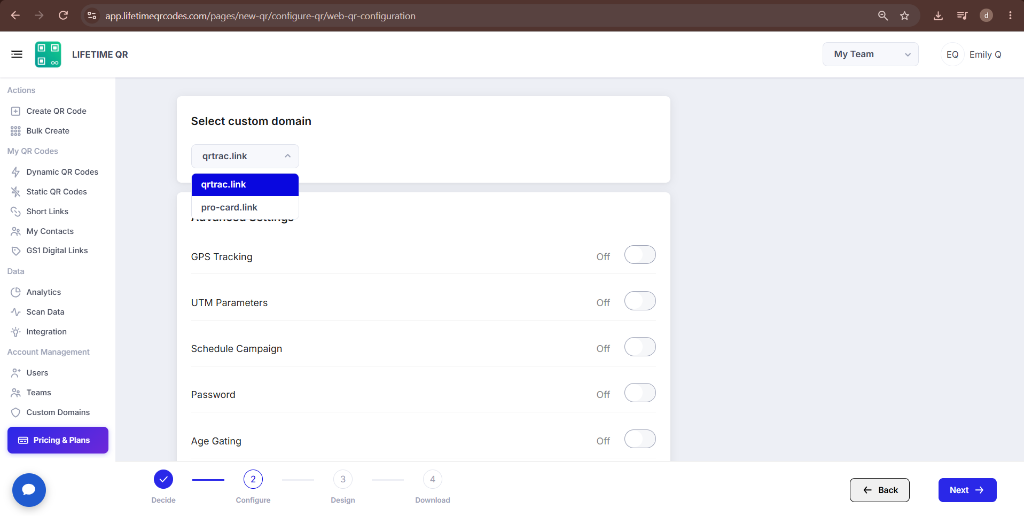 Configure step showing Select custom domain dropdown and Advanced Settings toggles