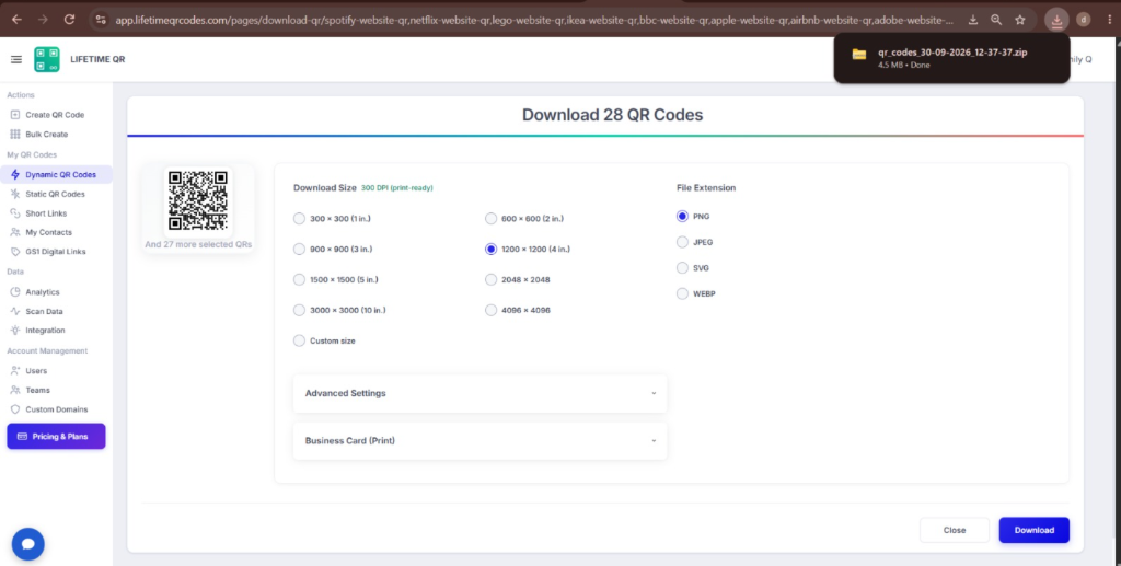 Download QR codes dialog box showing format and size options