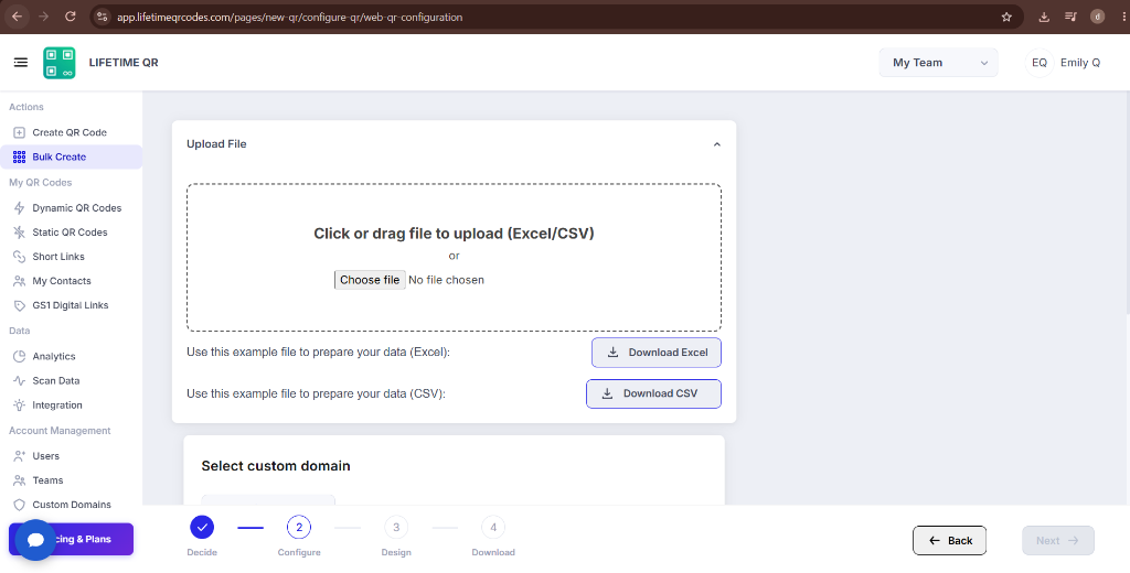 Upload File section showing Download Excel and Download CSV sample template buttons