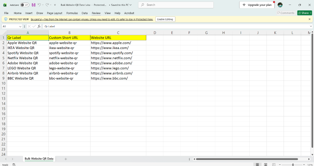 Sample spreadsheet showing Qr Label, Custom Short URL, and Website URL columns