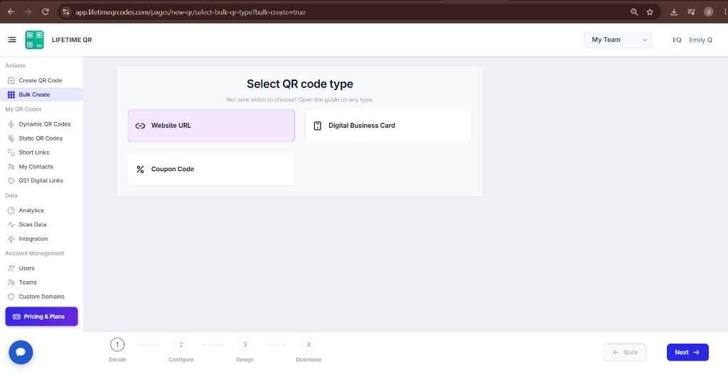 Select QR code type screen with Website URL selected under Bulk Create in Lifetime QR Codes