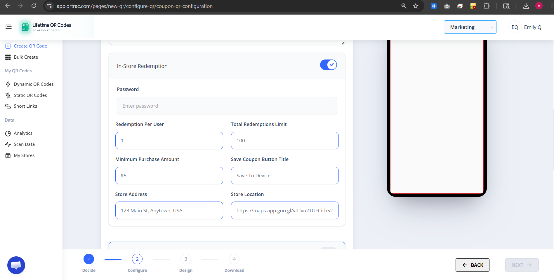In-Store Redemption toggle enabled showing store settings