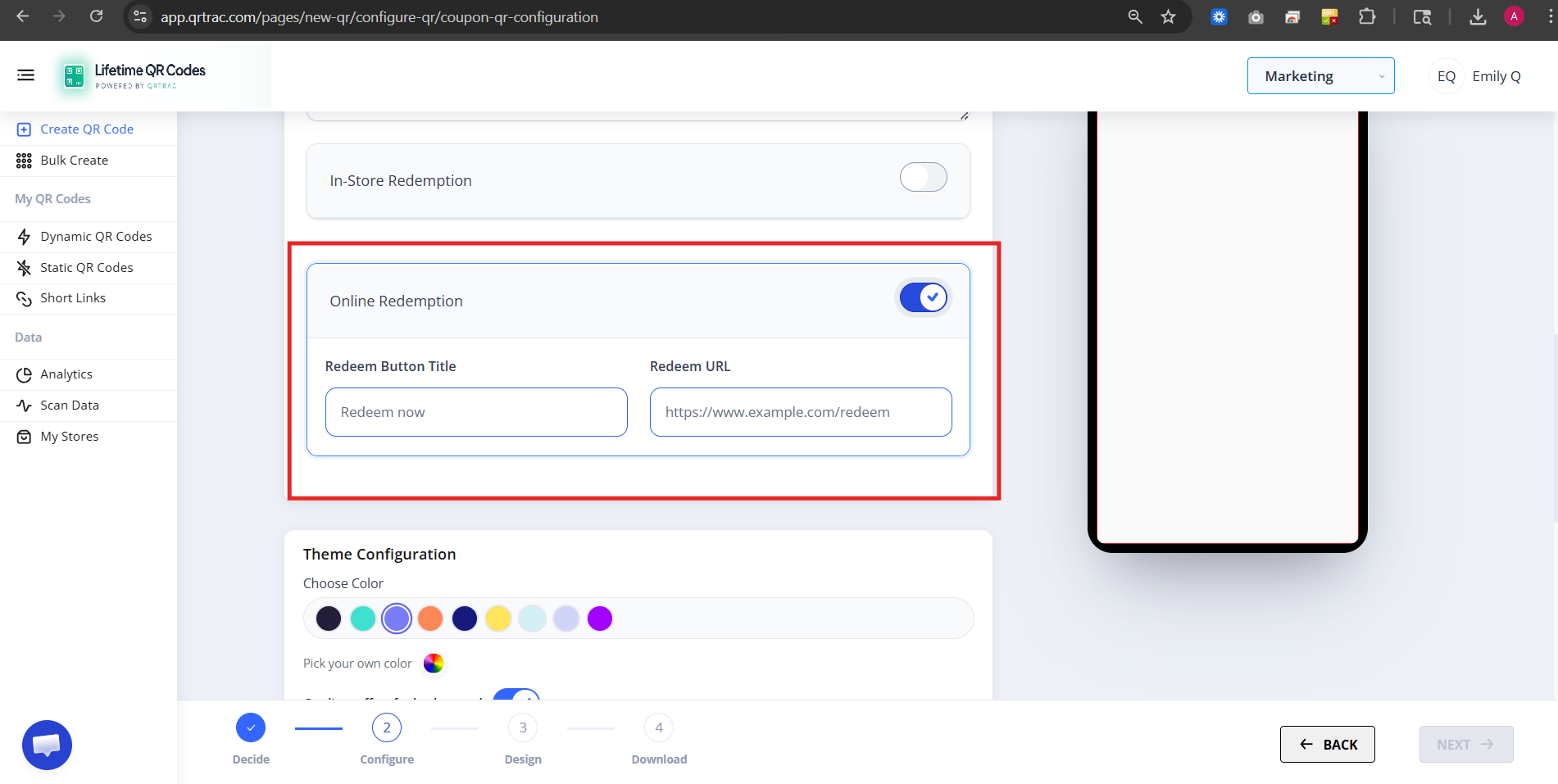 Online Redemption toggle enabled showing redeem URL field
