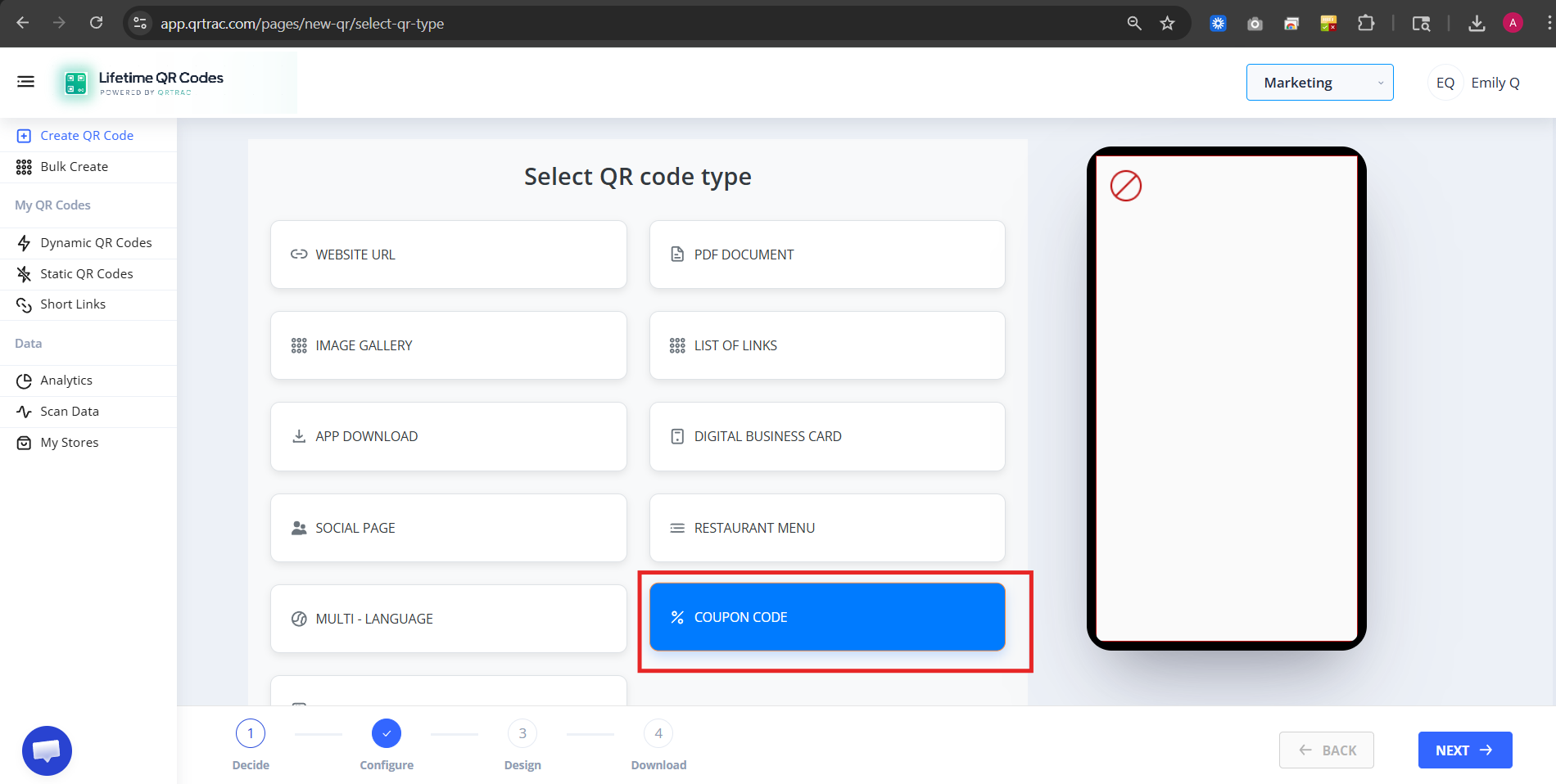 QR code type selection screen with Coupon QR highlighted