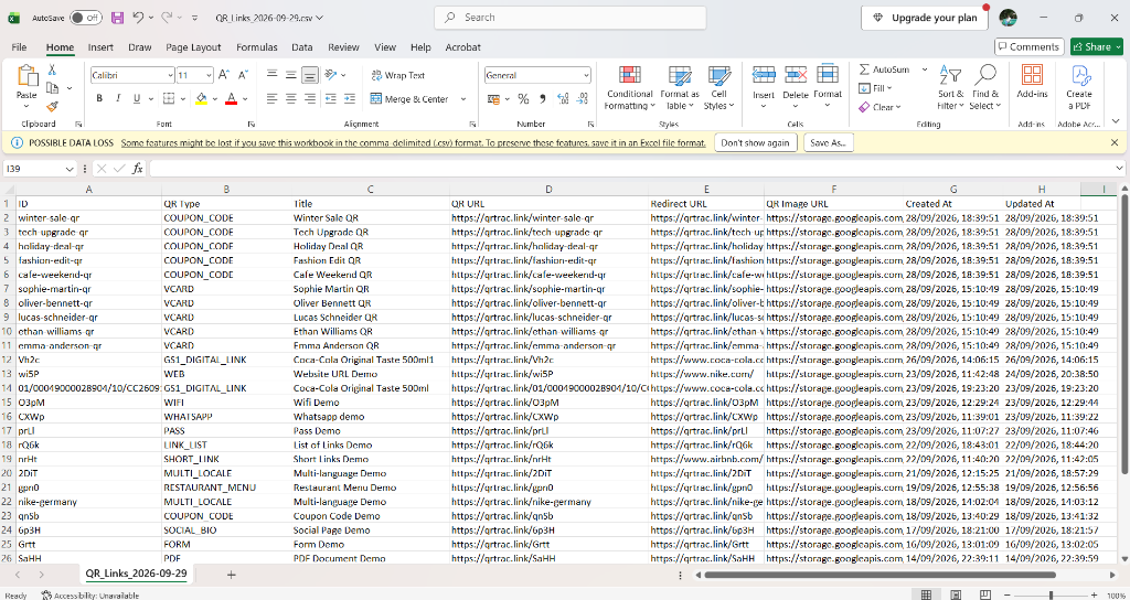 CSV spreadsheet showing exported QR code details