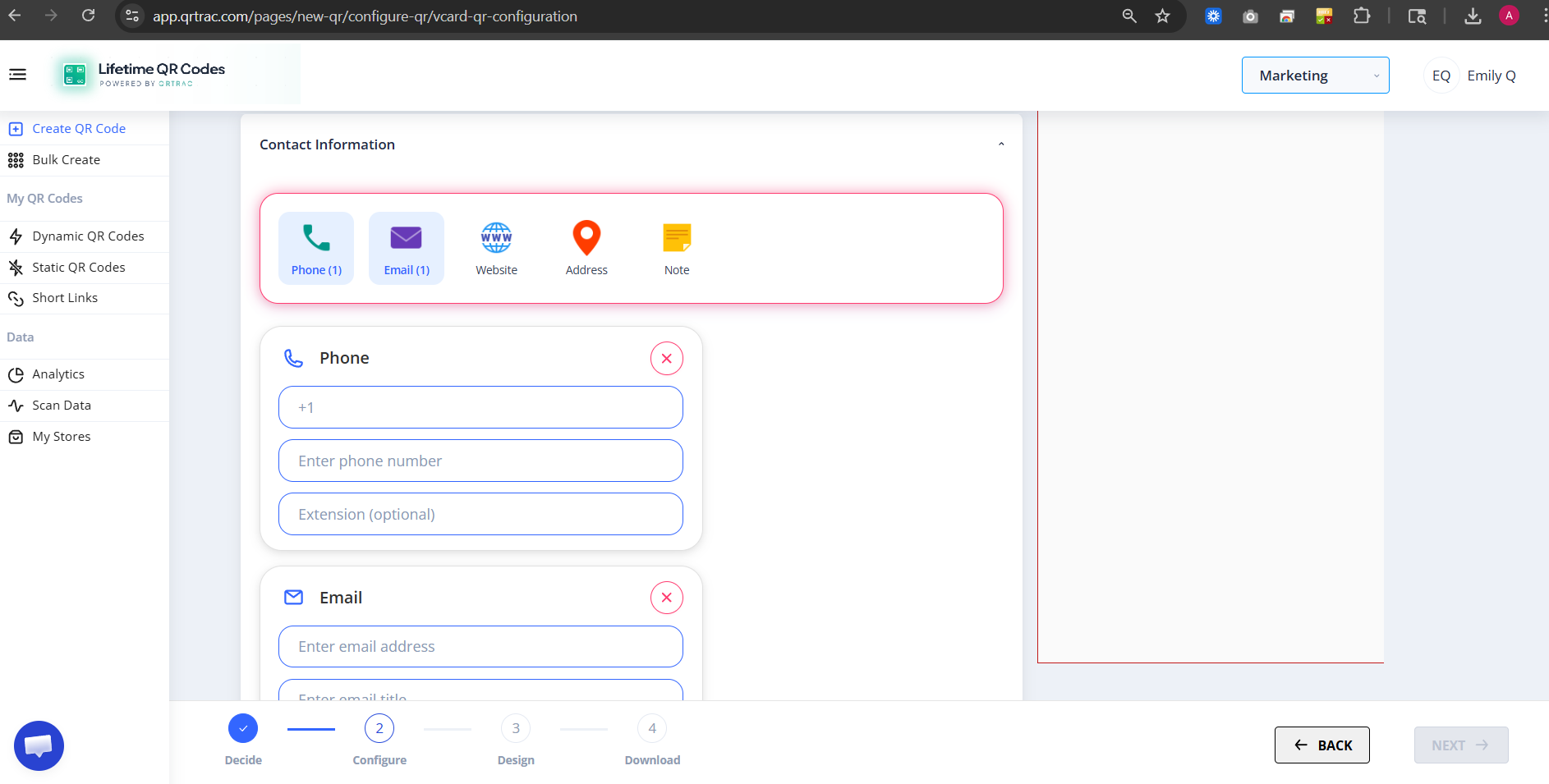 Contact Information section with phone, email, website and address fields