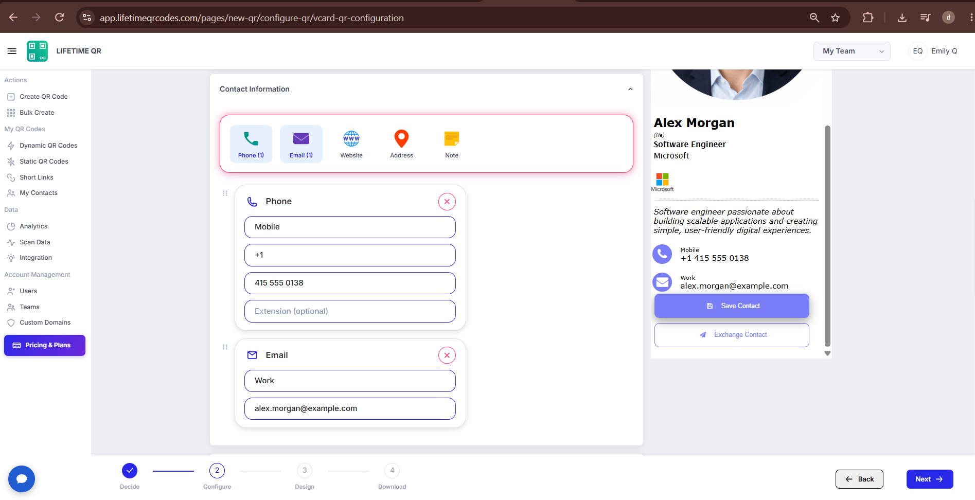Digital Business Card Contact Information Section