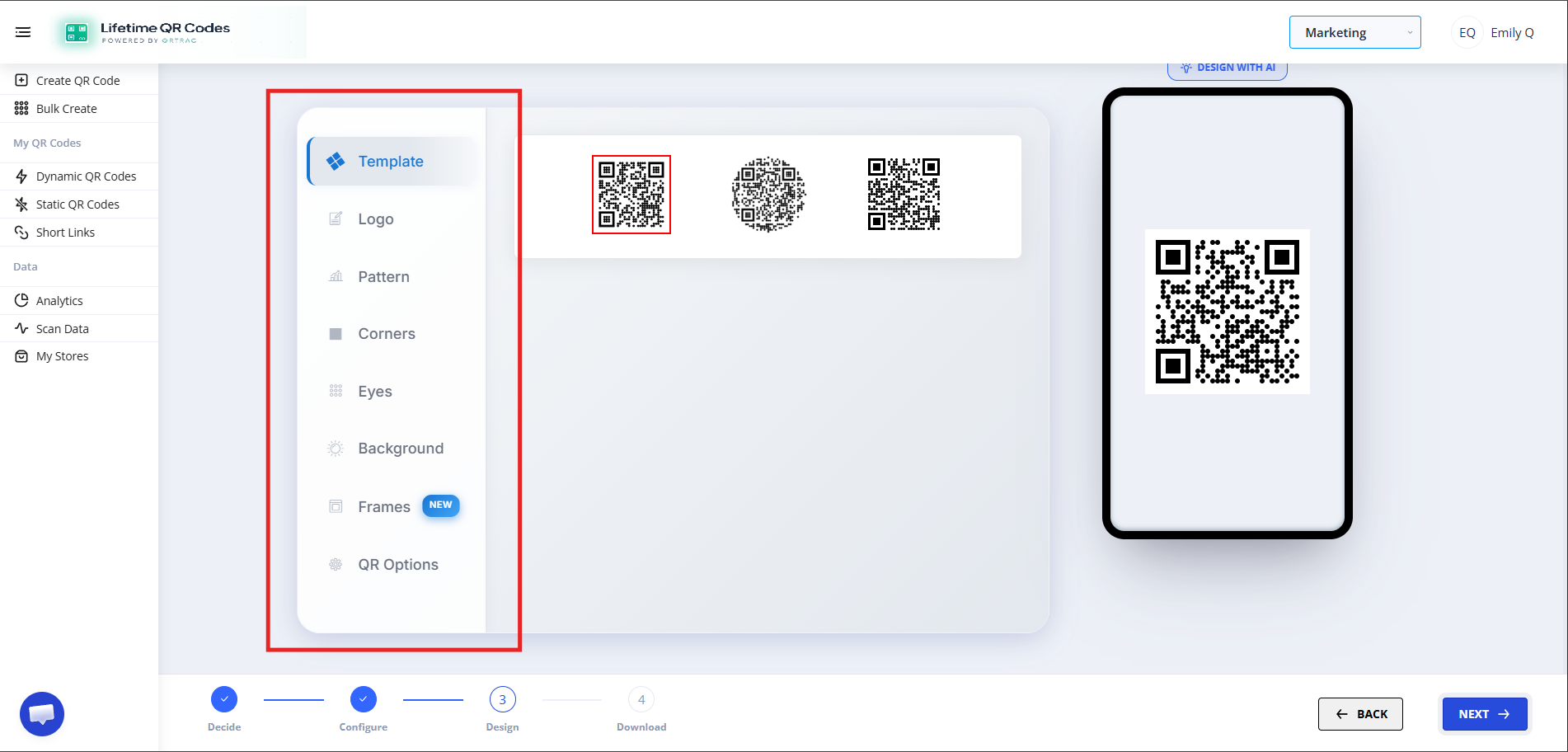 QR code design customization screen showing color, logo, pattern options