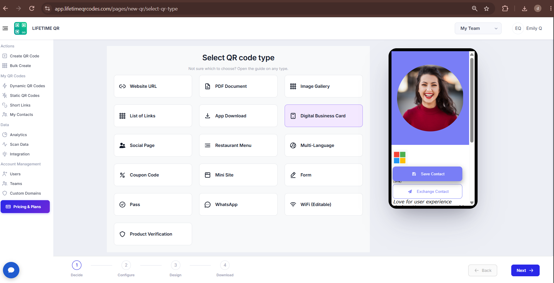 Digital Business Card QR Type Selection Screen