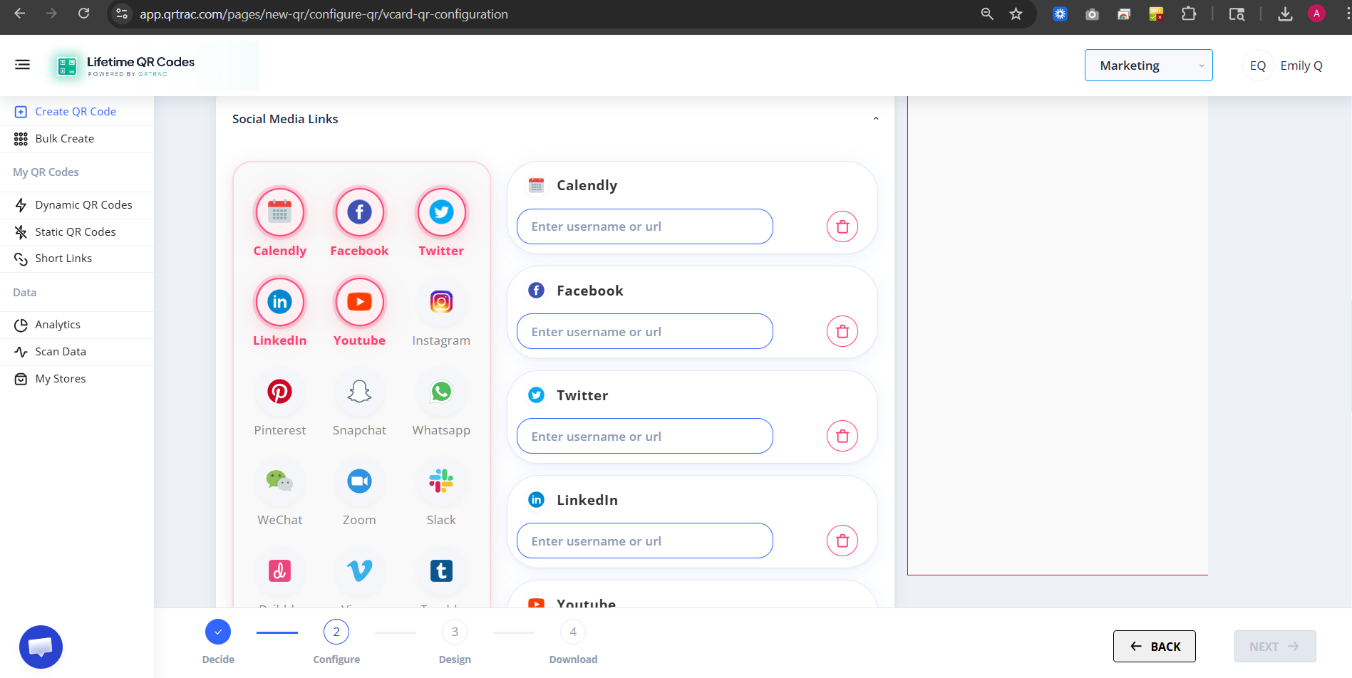 Social Links section showing platform icons to add social profiles