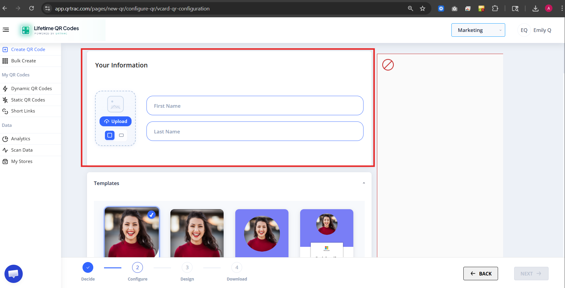 Your Information section showing first name, last name and profile image upload