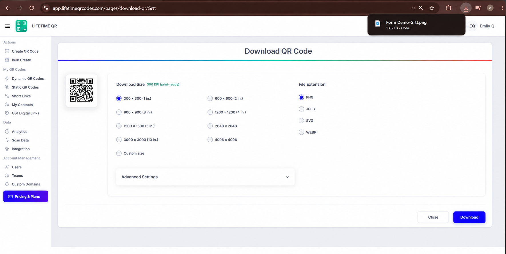 Form Download QR Code Screen