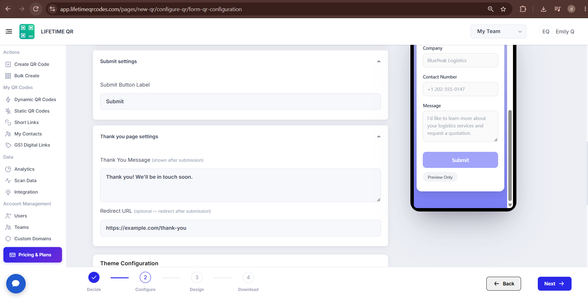 Submit and Thank You page configuration options