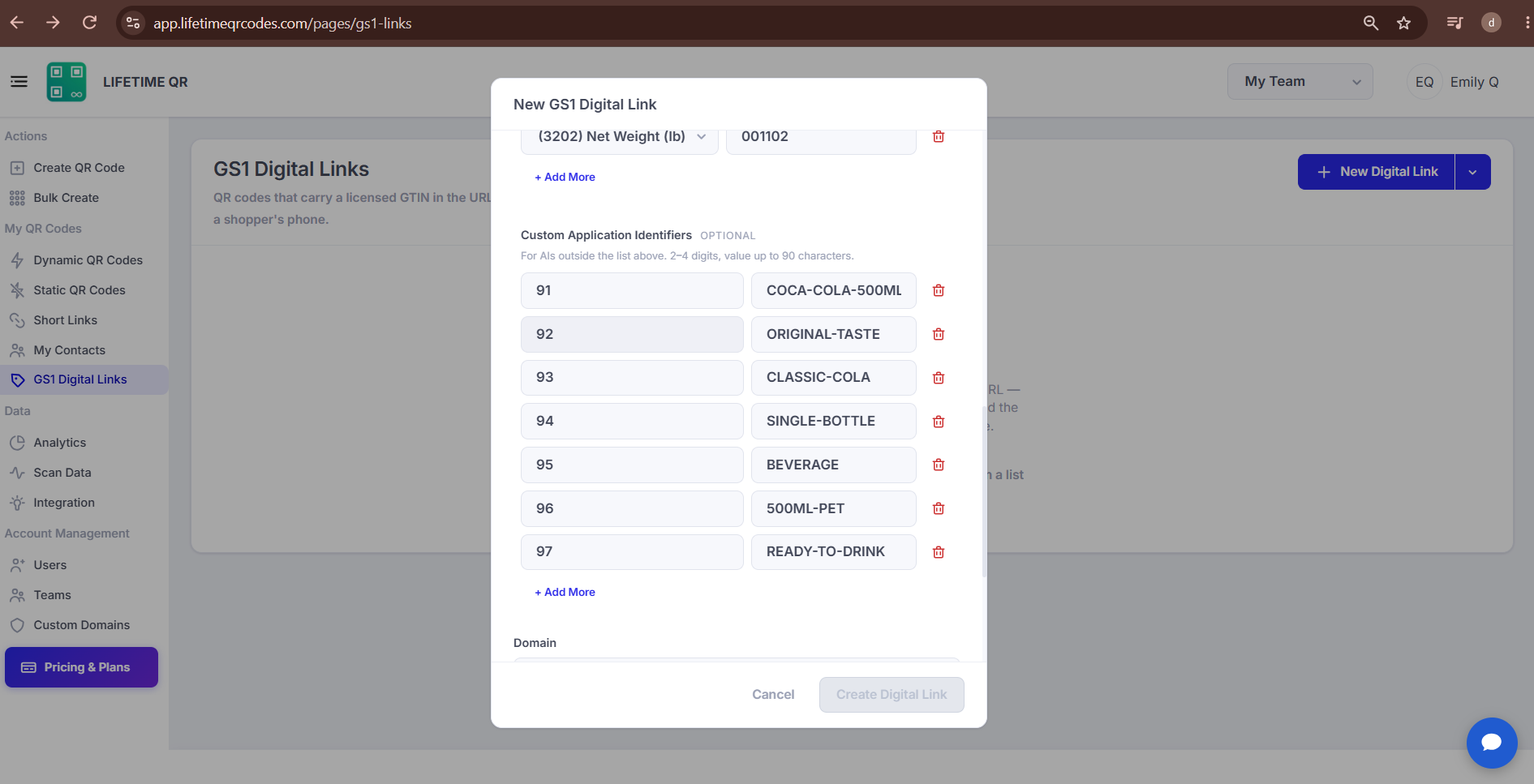 Custom Application Identifiers section showing custom AI codes, values, and add row controls