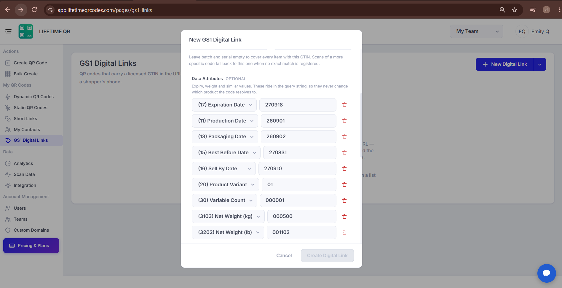 Data Attributes section showing standard Application Identifier options and value rows