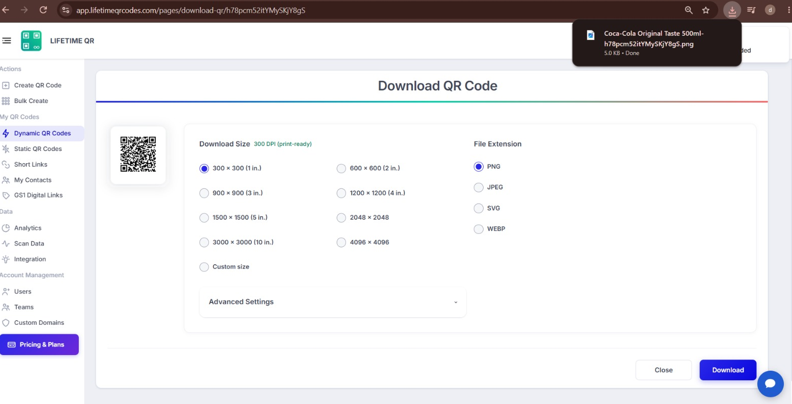 Download QR Code modal showing size, format, advanced settings, and download controls