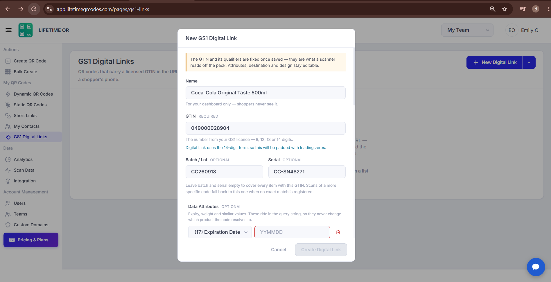 New GS1 Digital Link configuration form showing Name, GTIN, Batch/Lot, and Serial fields