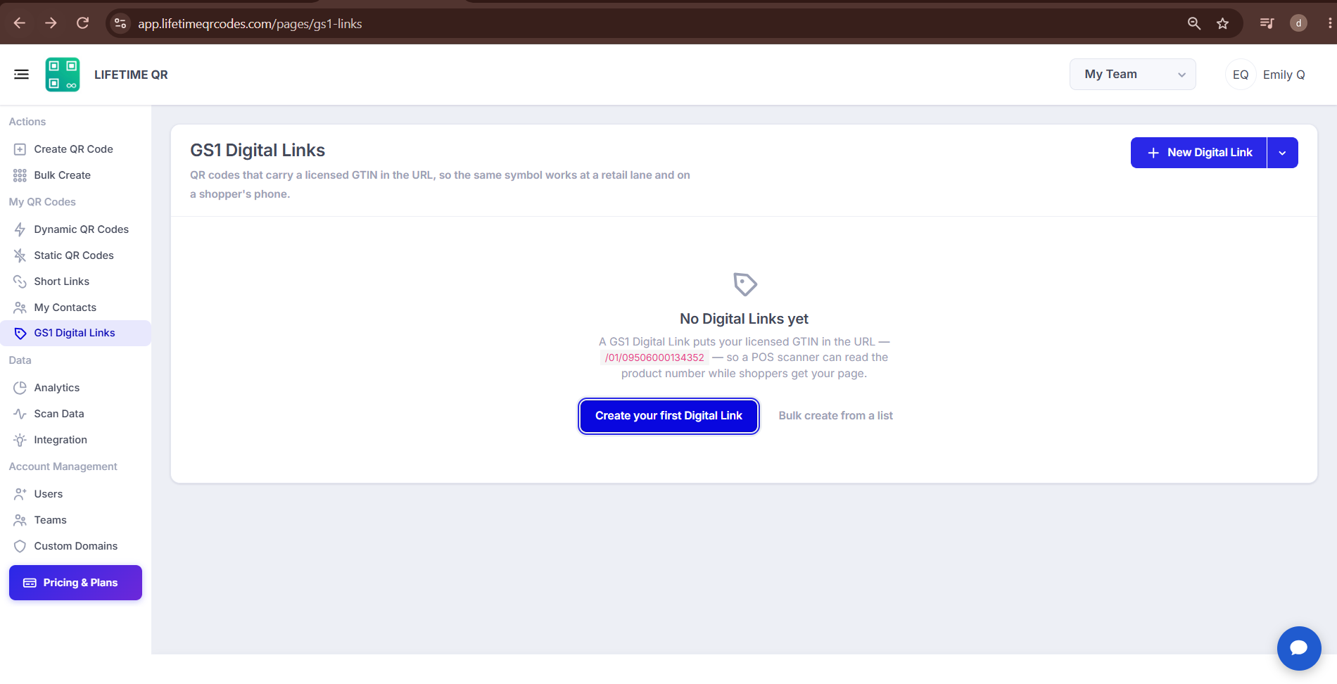 GS1 Digital Links dashboard showing the New Digital Link button and empty state